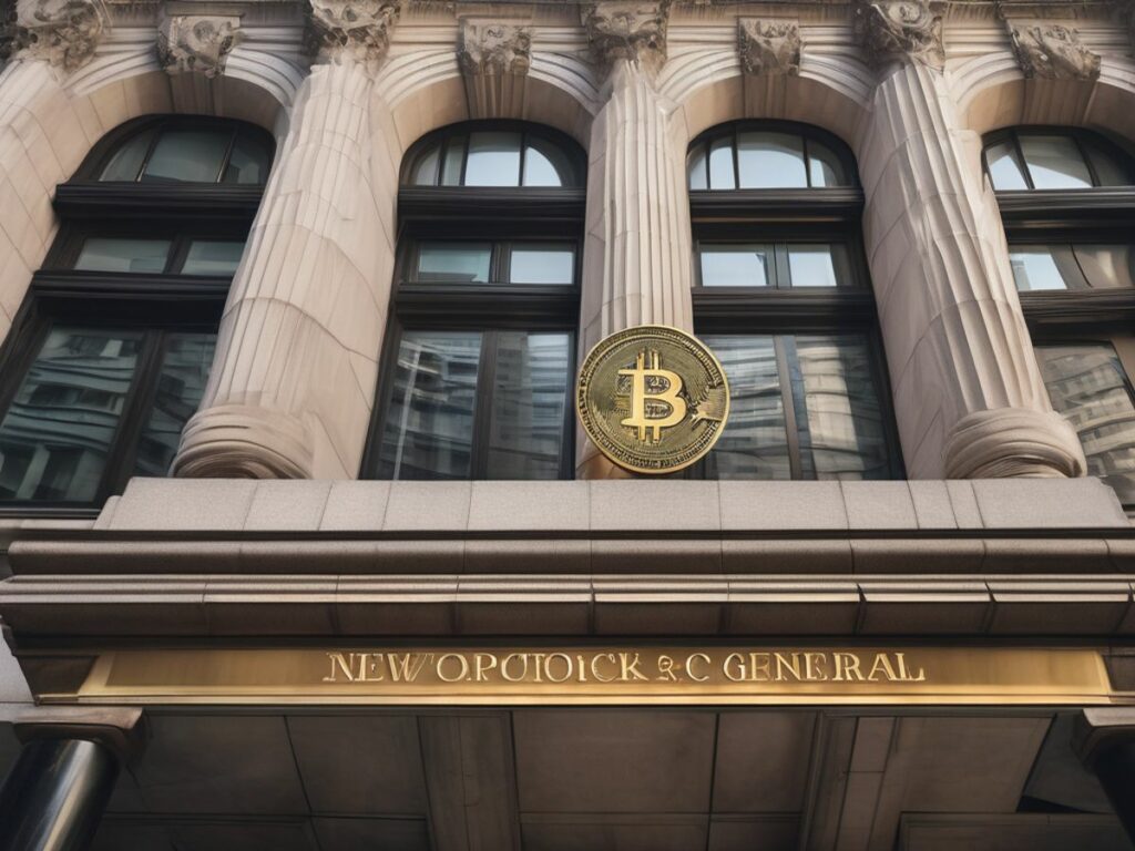 New York Attorney General office building with financial documents and cryptocurrency symbols