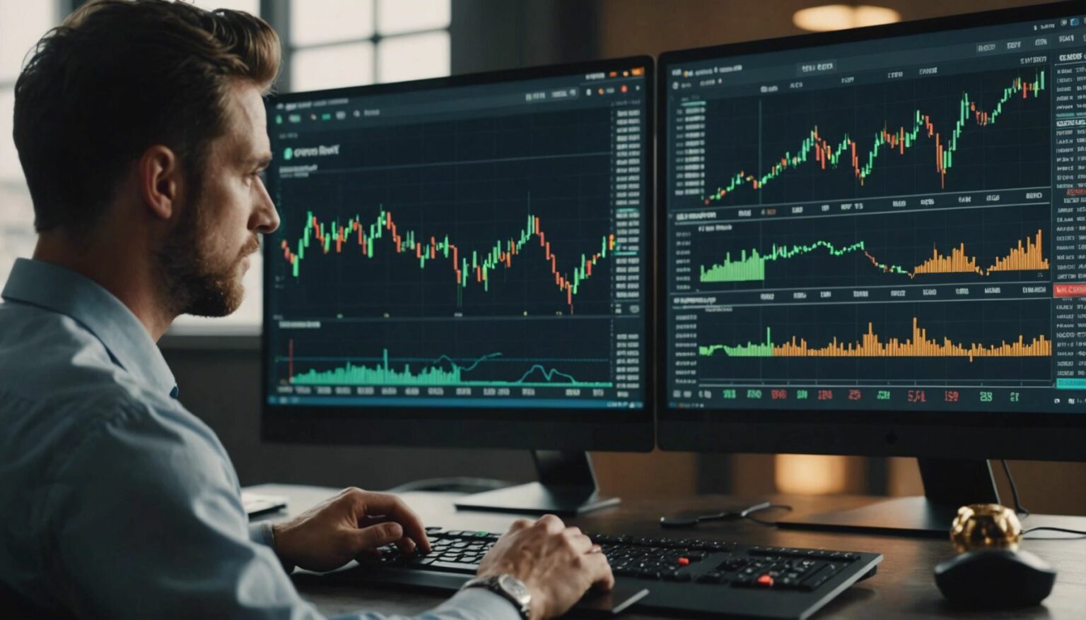 Confident trader analyzing cryptocurrency market data on a computer with stock chart and crypto symbols in the background.