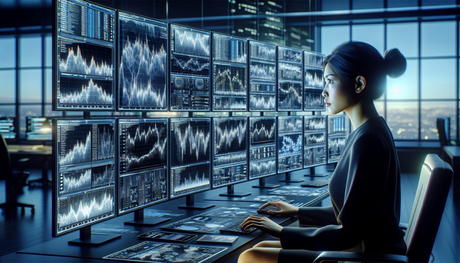 stock trader analyzing charts on multiple screens
