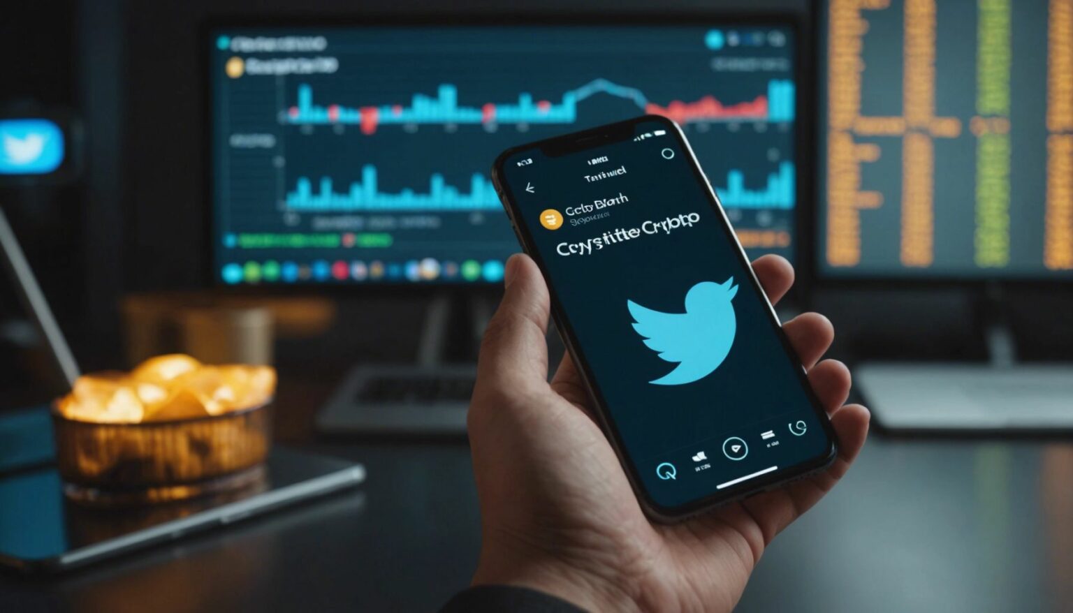 Smartphone showing Twitter app with crypto icons and graphs, representing the latest Twitter crypto news.