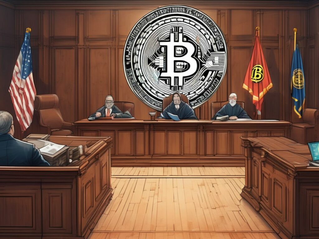 courtroom with judge and scientist, Bitcoin symbol