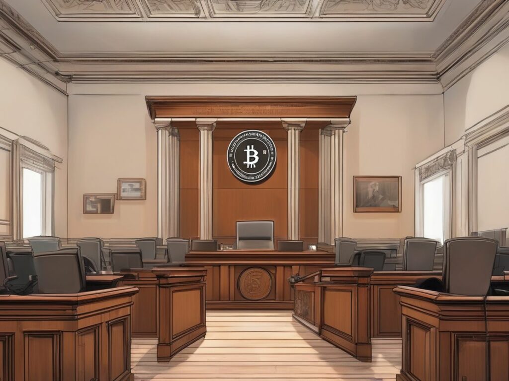 courtroom with SEC and cryptocurrency logos, tense atmosphere