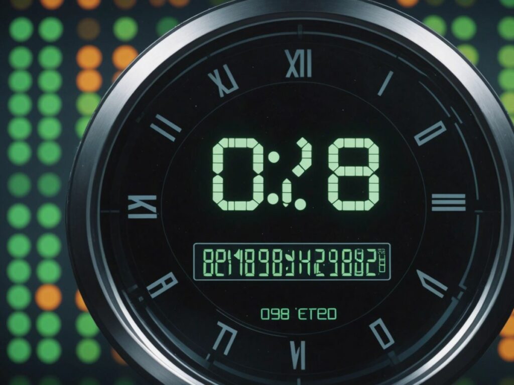 Digital clock with binary code, representing time hack used to recover $3 million Bitcoin wallet.