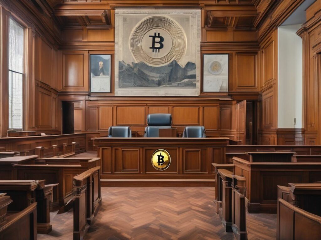 courtroom with cryptocurrency symbols