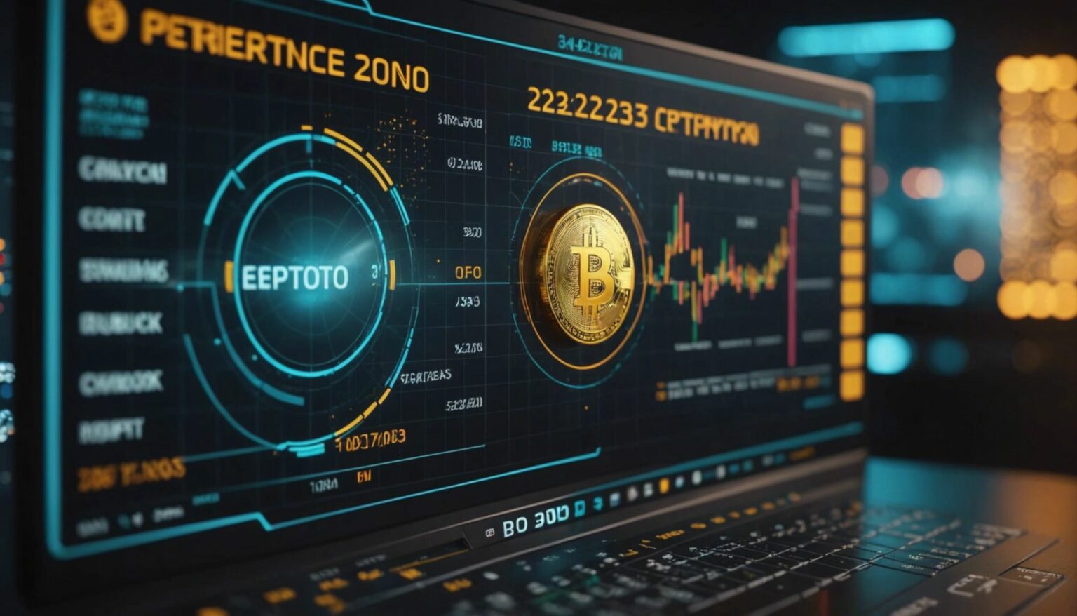 Futuristic chart with upward trends, crypto symbols, and 2023 calendar for top trading strategies.