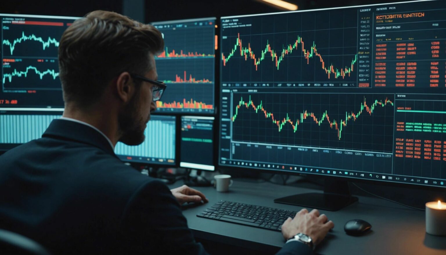 Futuristic trading interface with candlestick charts, cryptocurrency symbols, and a trader analyzing data on a holographic screen.