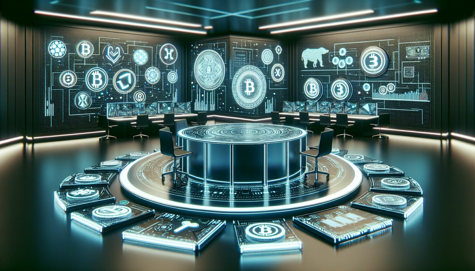 futuristic trading desk with cryptocurrency symbols