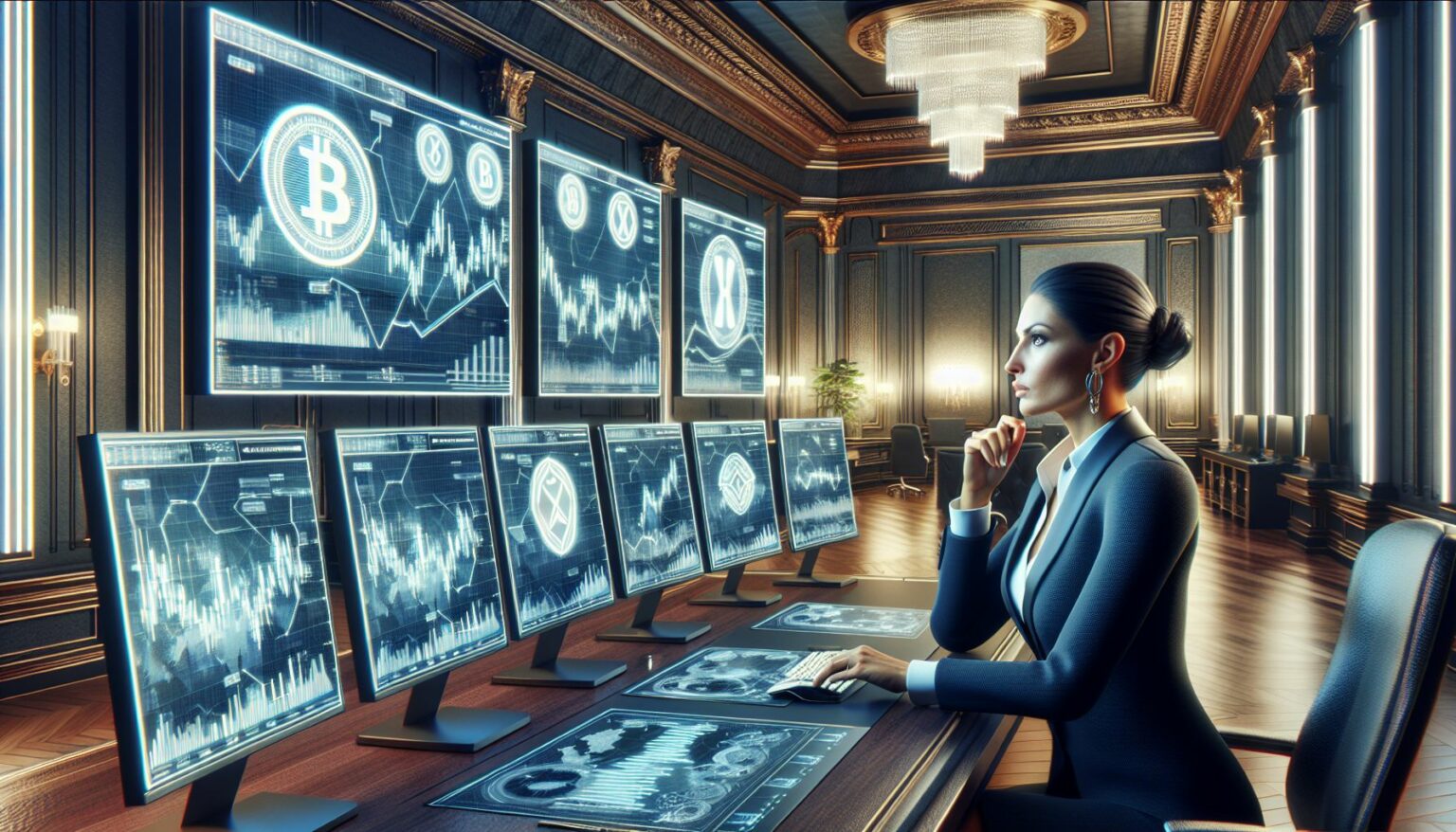 successful crypto trader analyzing market trends on multiple screens