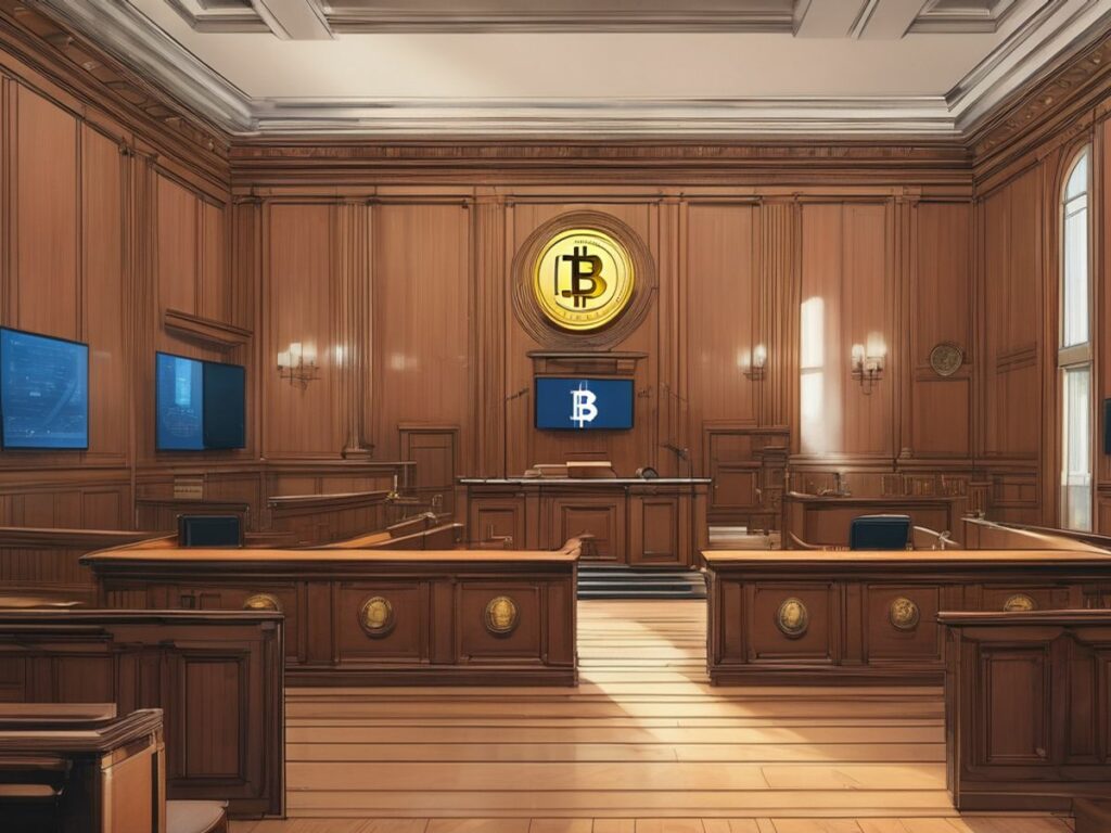 courtroom with cryptocurrency symbols and logos of Coinbase and Binance