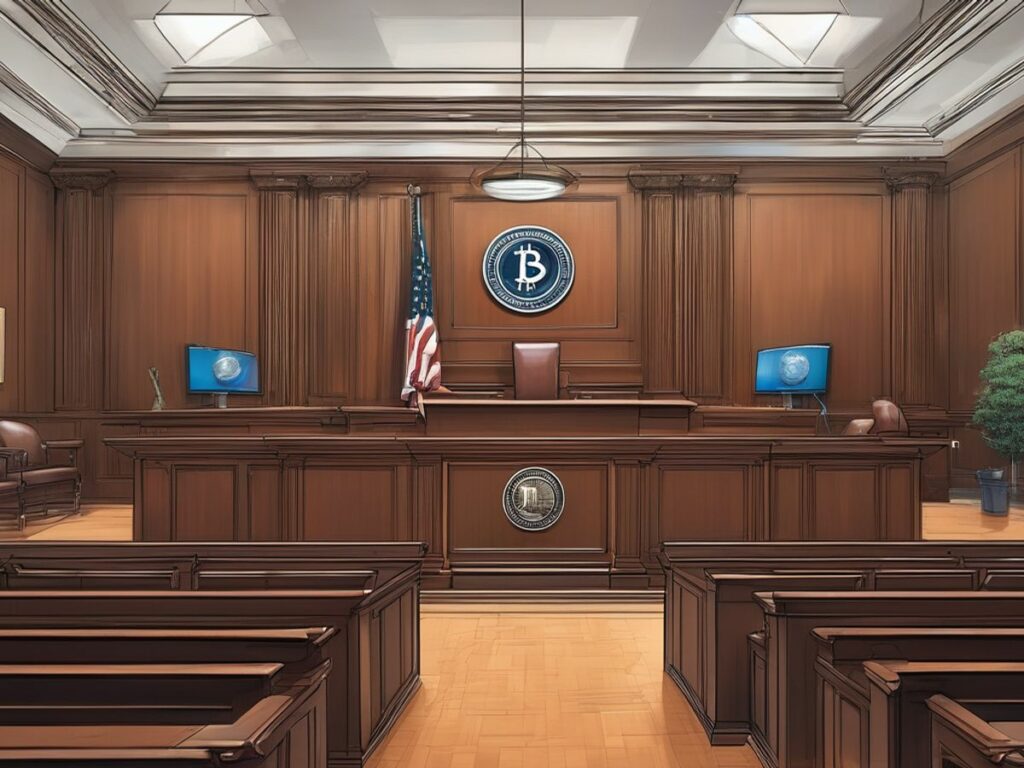 courtroom with SEC and cryptocurrency logos, tense atmosphere