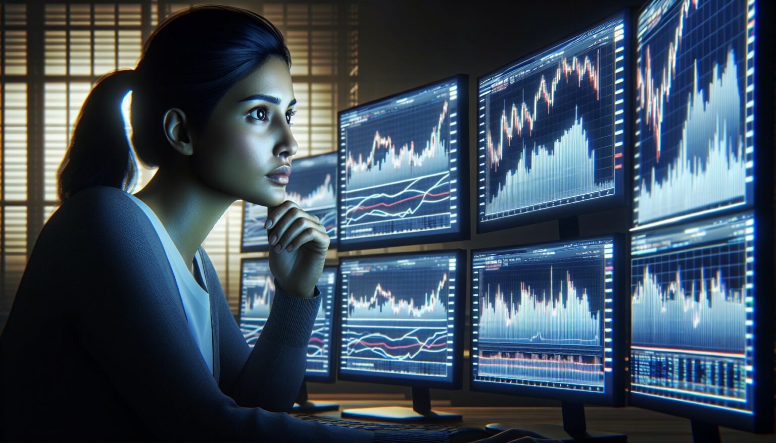 trader analyzing stock charts on multiple screens
