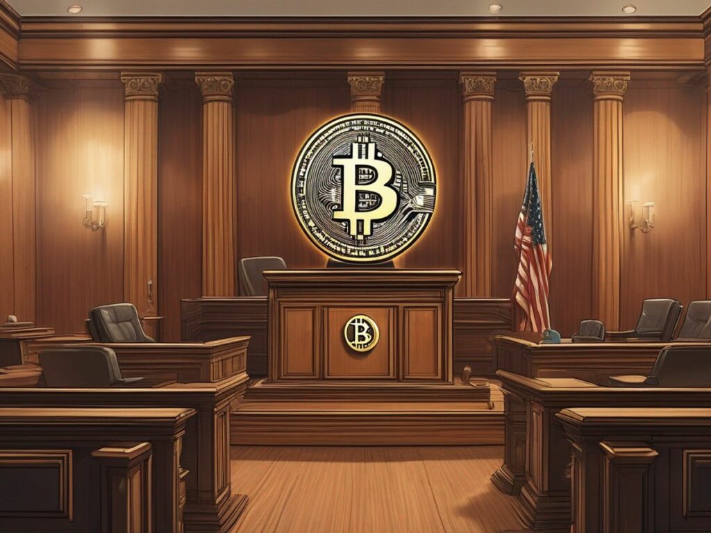 courtroom with bitcoin symbols and a gavel