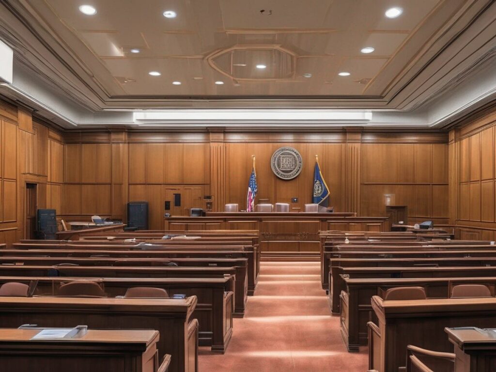 courtroom with SEC logo and cryptocurrency symbols