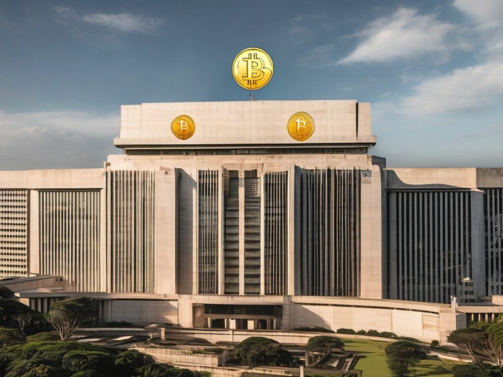 Brazil Central Bank building with cryptocurrency symbols