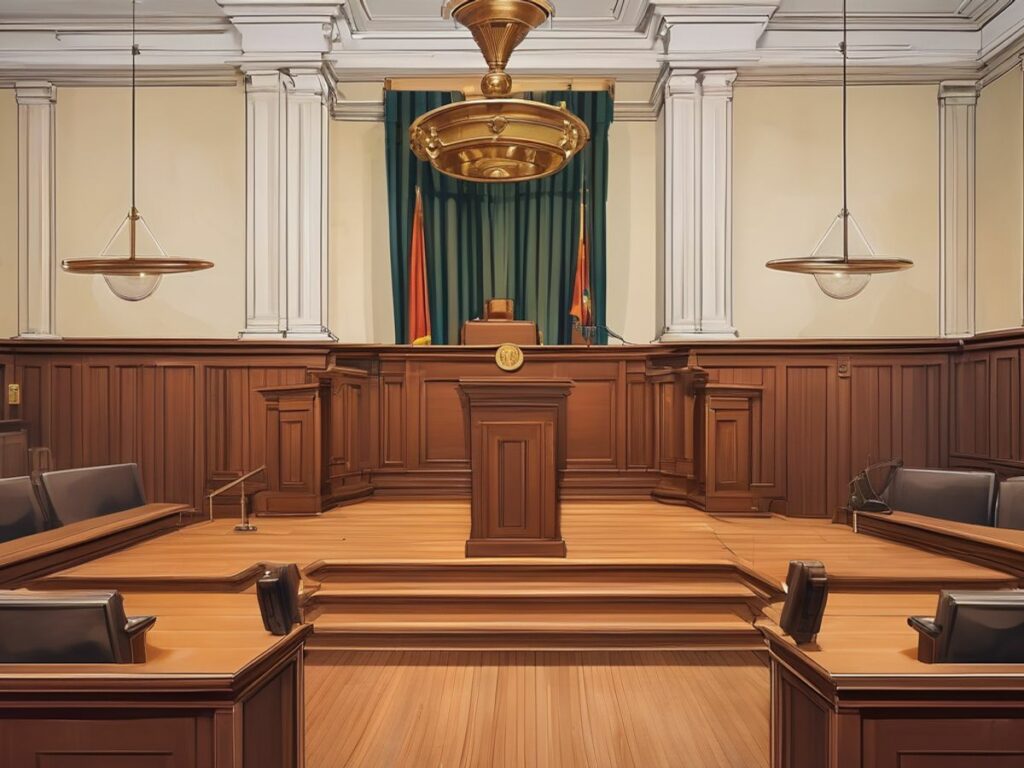 courtroom with scales of justice and cryptocurrency symbols