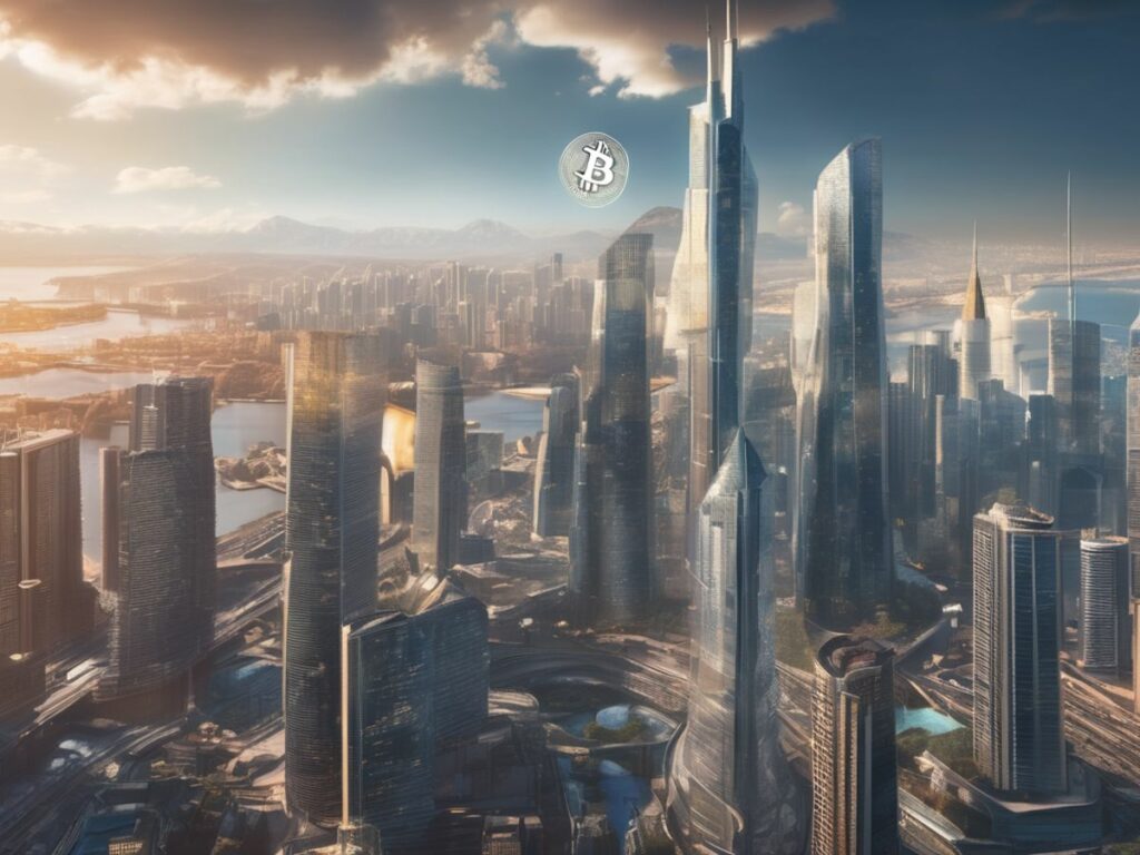 Bitcoin reaching new heights, digital currency, financial growth, futuristic cityscape