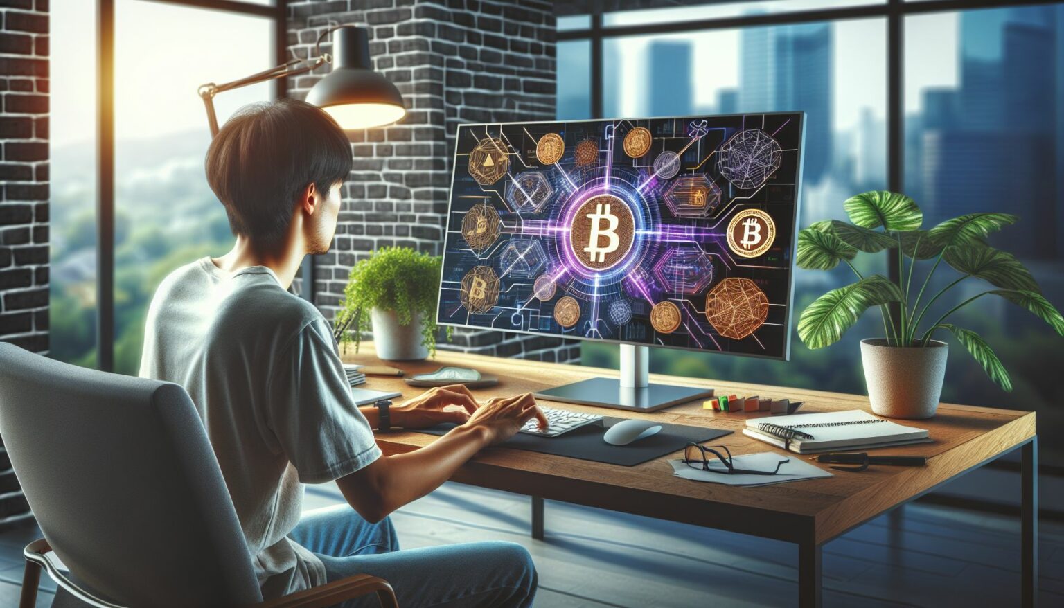 cryptocurrency concept illustration, beginner learning digital currency, person using computer with crypto graphics