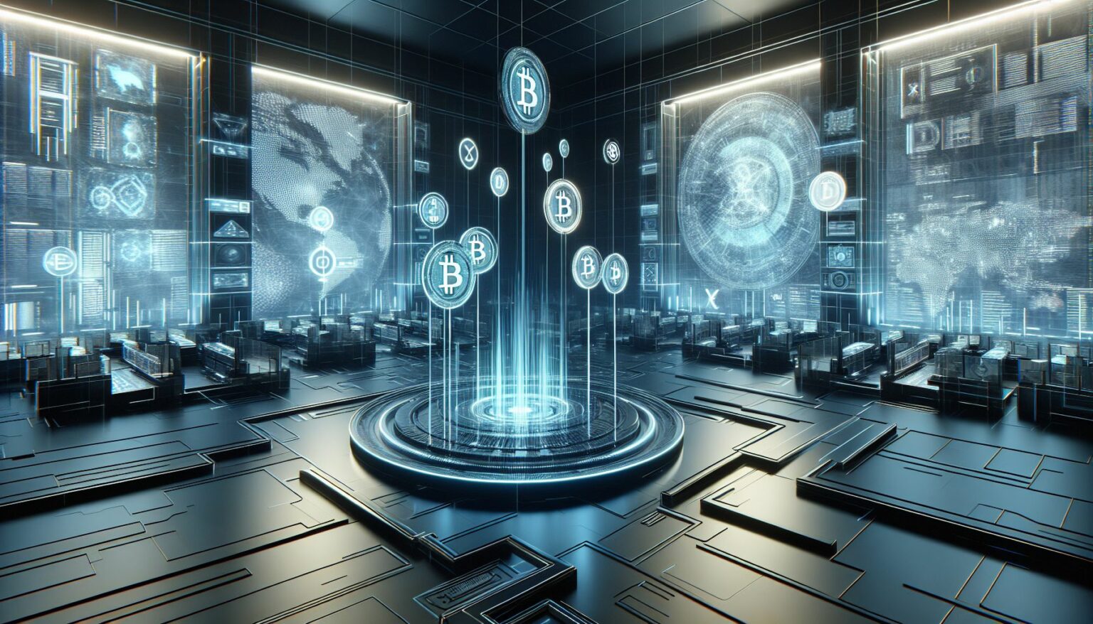 futuristic trading platform with cryptocurrency symbols