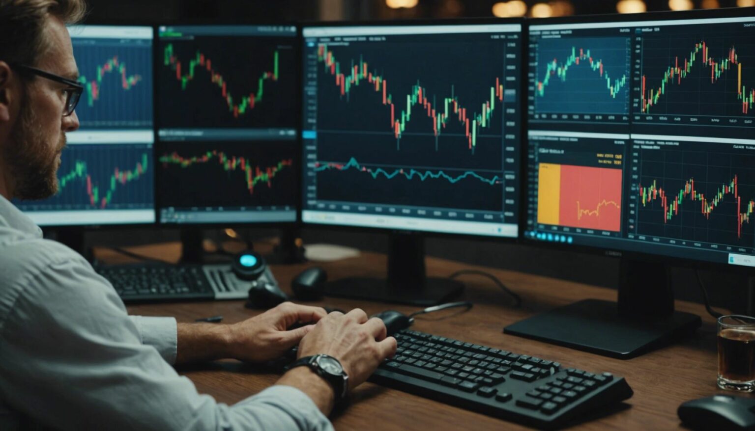 Trader analyzing charts with scalping indicators and tools on a computer screen for mastering trading strategies.
