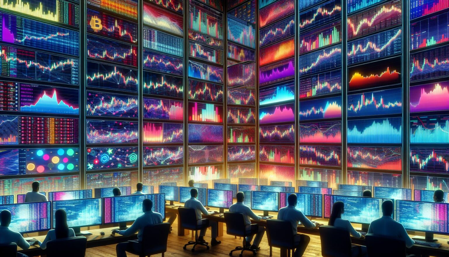 cryptocurrency trading charts and graphs on computer screens with traders analyzing data