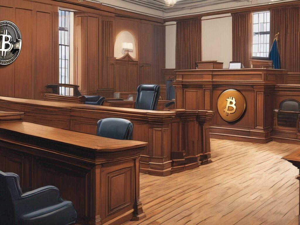 courtroom with judge and bitcoin symbol