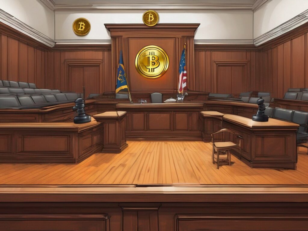 courtroom with judge and gavel, Bitcoin symbol, legal battle