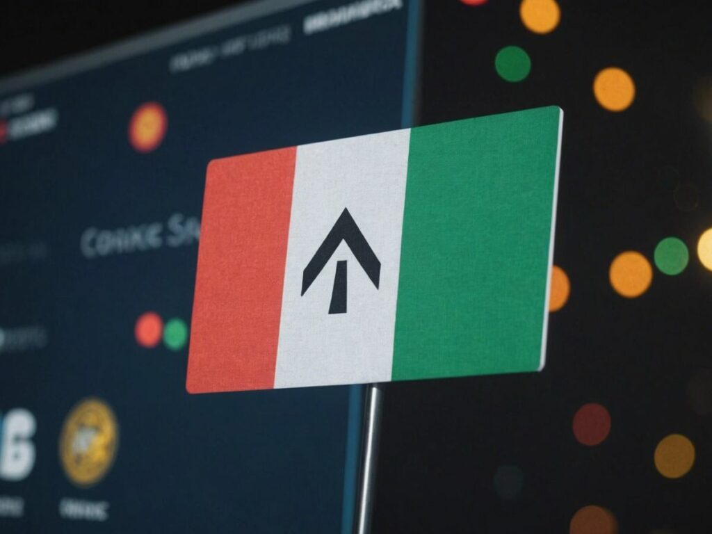 Nigerian flag with 'No Entry' sign over Binance and Coinbase logos, symbolizing blocked access to crypto exchanges.