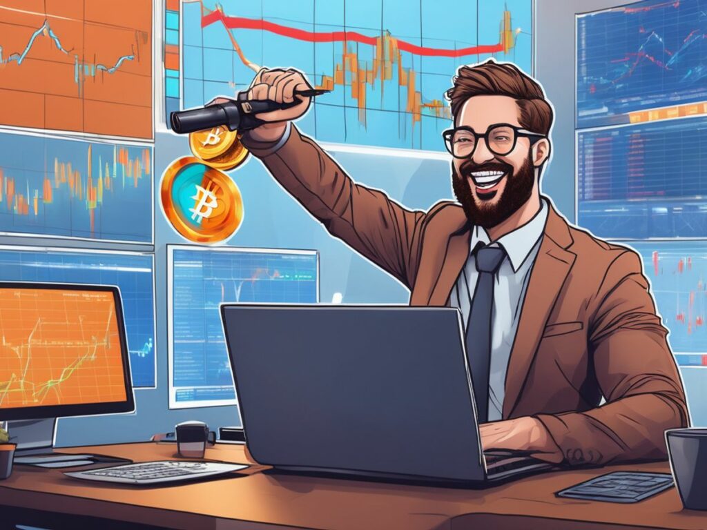 cryptocurrency trader celebrating with charts and graphs in the background