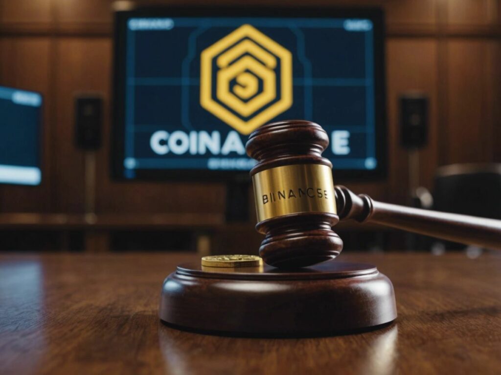 Gavel striking in front of Binance, Coinbase, Kraken logos, representing SEC lawsuits and legal challenges.