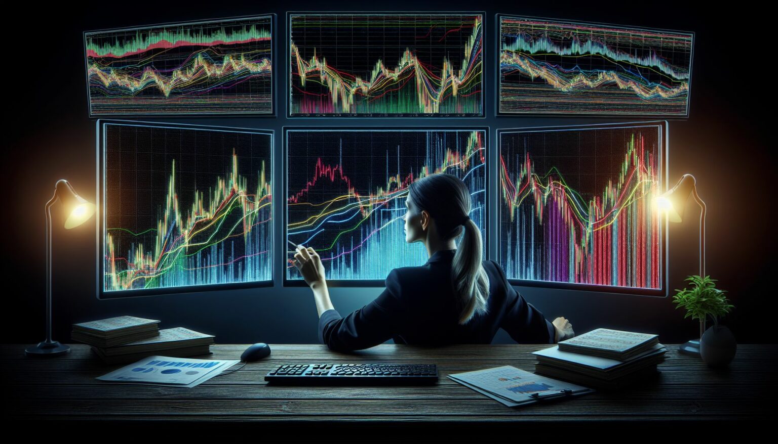 stock trader analyzing fast-moving charts on multiple computer screens