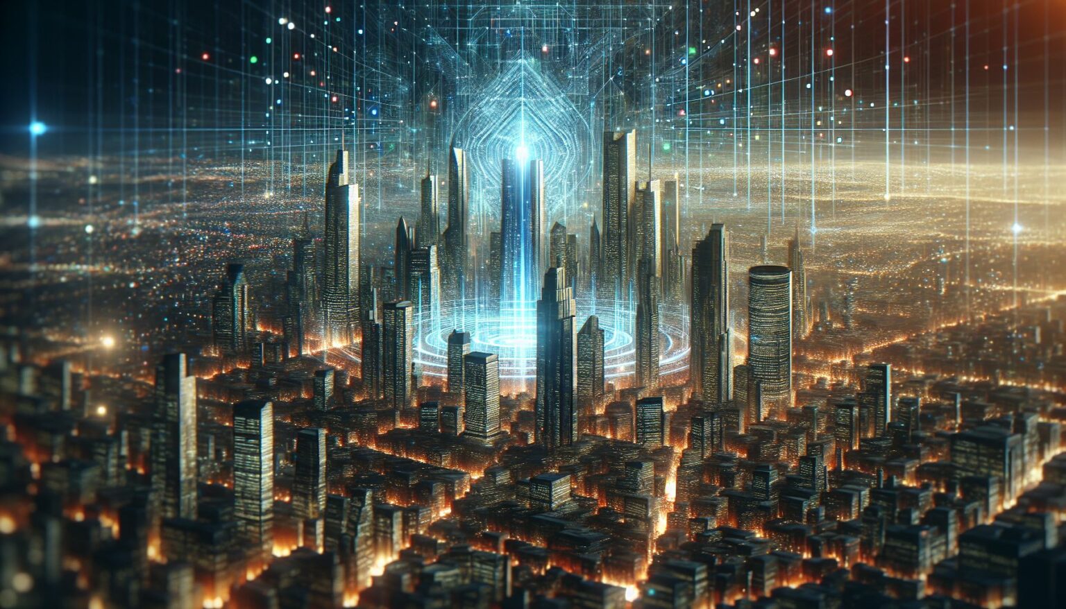futuristic blockchain technology concept with digital graphics and cityscape