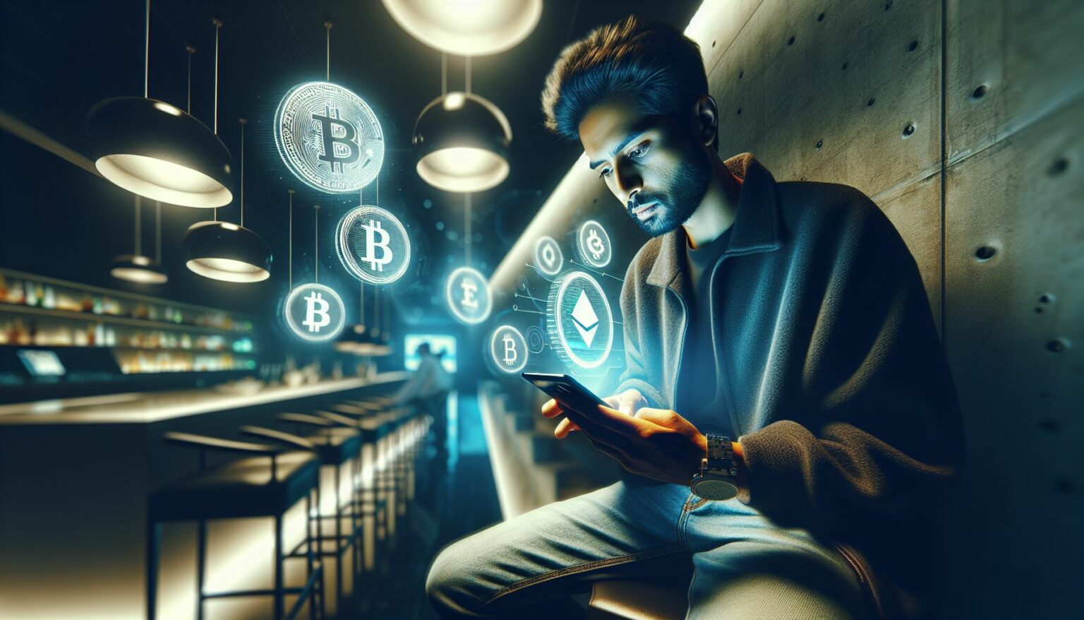 person using smartphone social media apps with cryptocurrency symbols