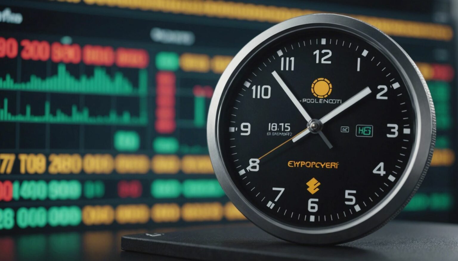 Digital clock over cryptocurrency chart, highlighting trading timing in 2023.