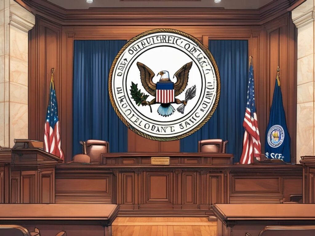 courtroom with SEC logo and cryptocurrency symbols