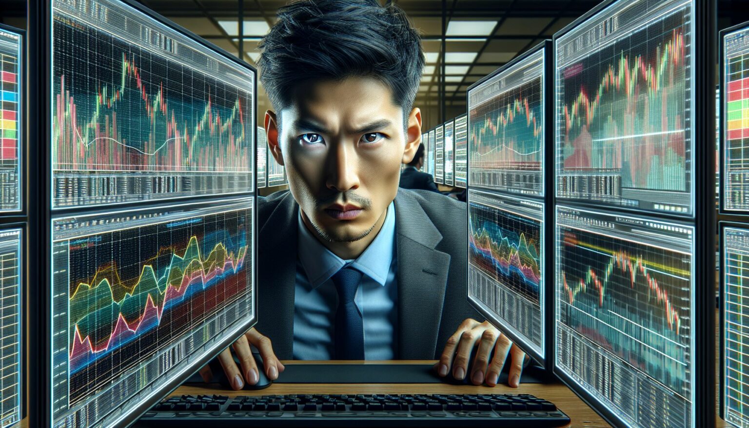 stock trader analyzing fast-moving charts on multiple computer screens