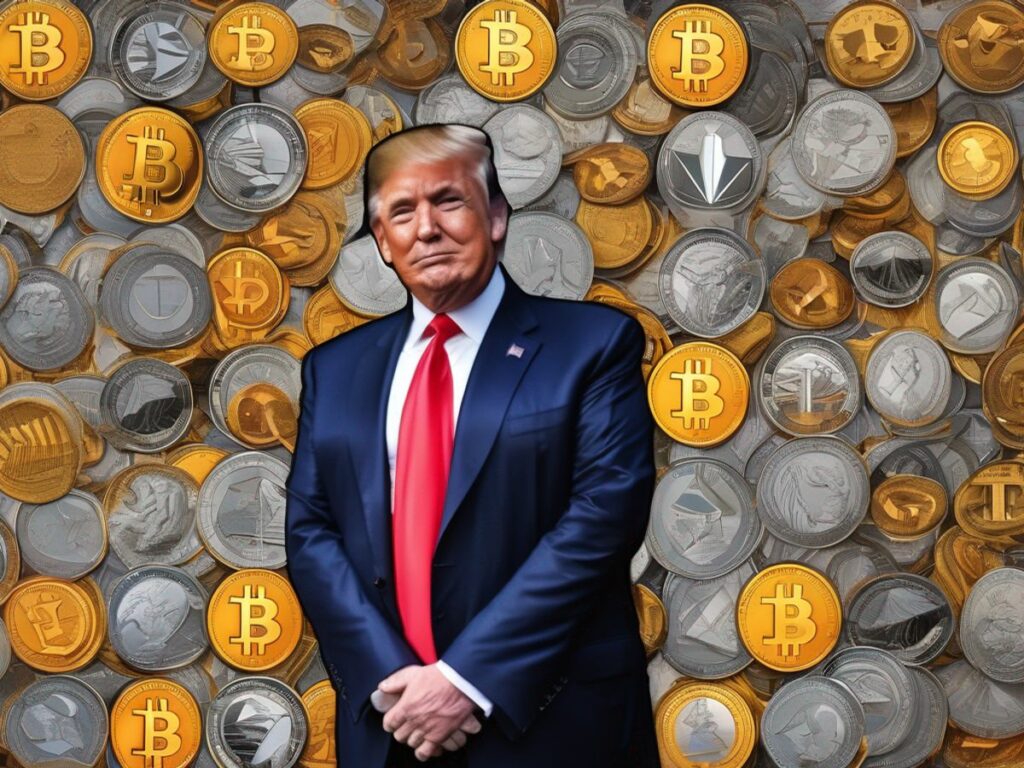 Donald Trump with cryptocurrency symbols