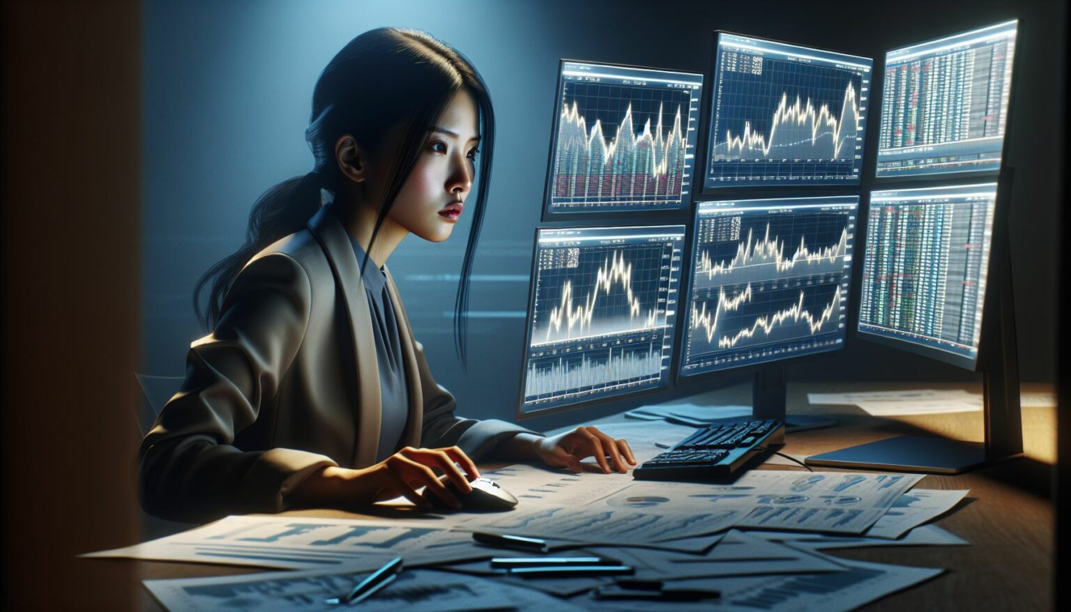 trader analyzing stock charts on multiple screens