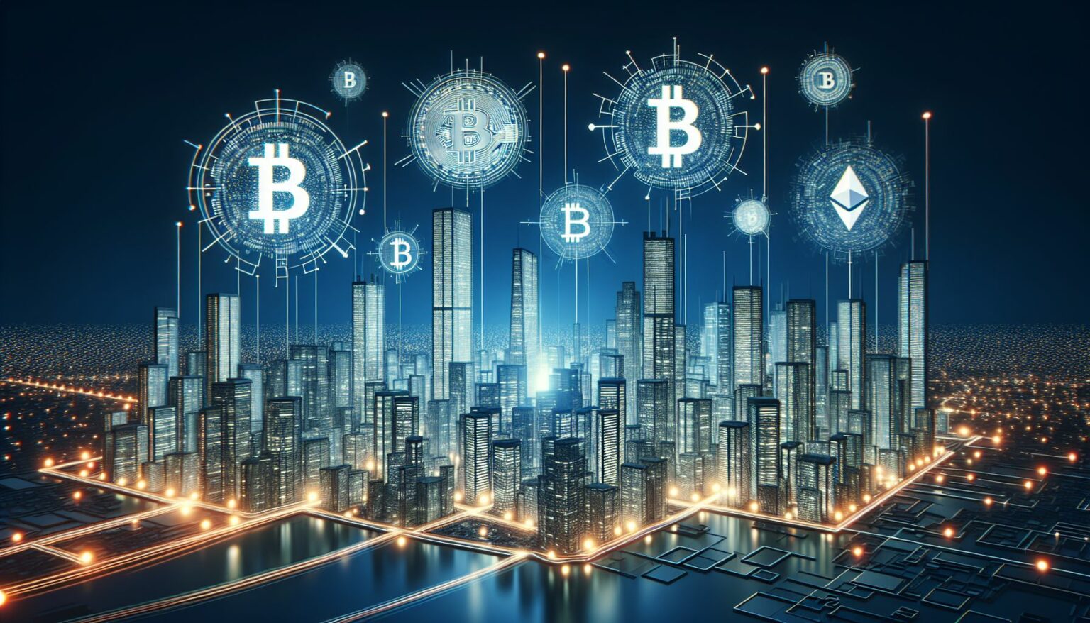 futuristic city skyline with cryptocurrency symbols