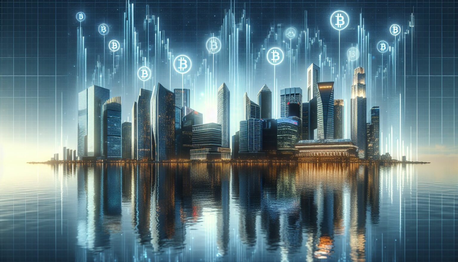 futuristic city skyline with cryptocurrency symbols and stock market graphs