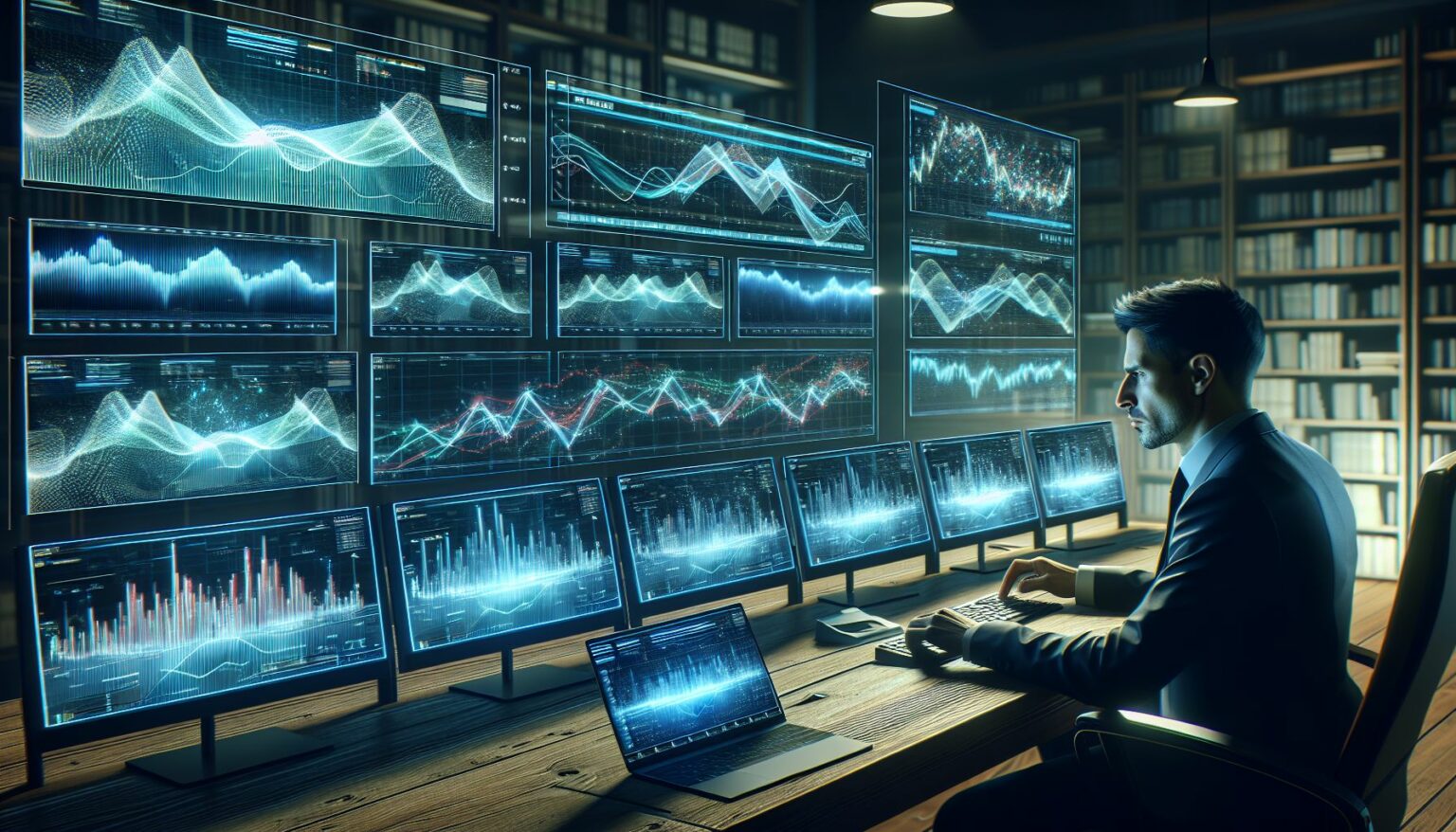 stock trader analyzing multiple screens with graphs and data