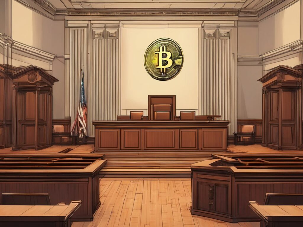 courtroom with cryptocurrency symbols