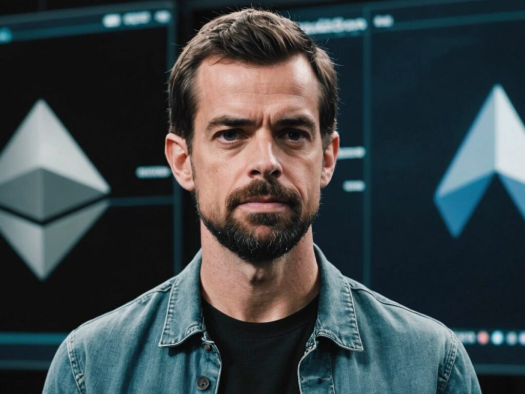Jack Dorsey and Ethereum logo with a debate backdrop, highlighting the controversy over ETH being labeled as a security.