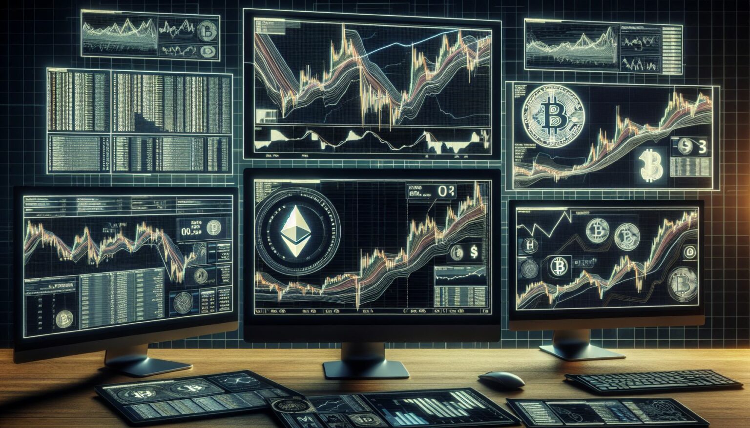 cryptocurrency trading charts and graphs on computer screens with digital currency symbols