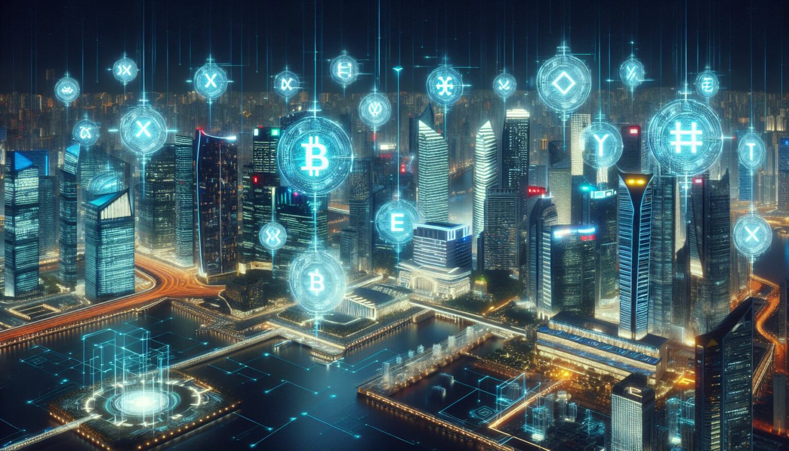 futuristic city with digital currency symbols