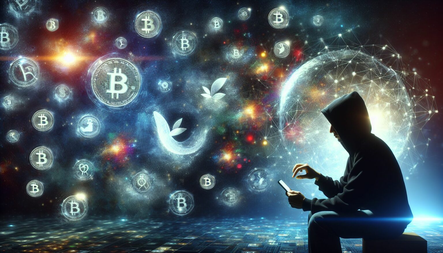 person using smartphone with cryptocurrency icons and Twitter logo in the background