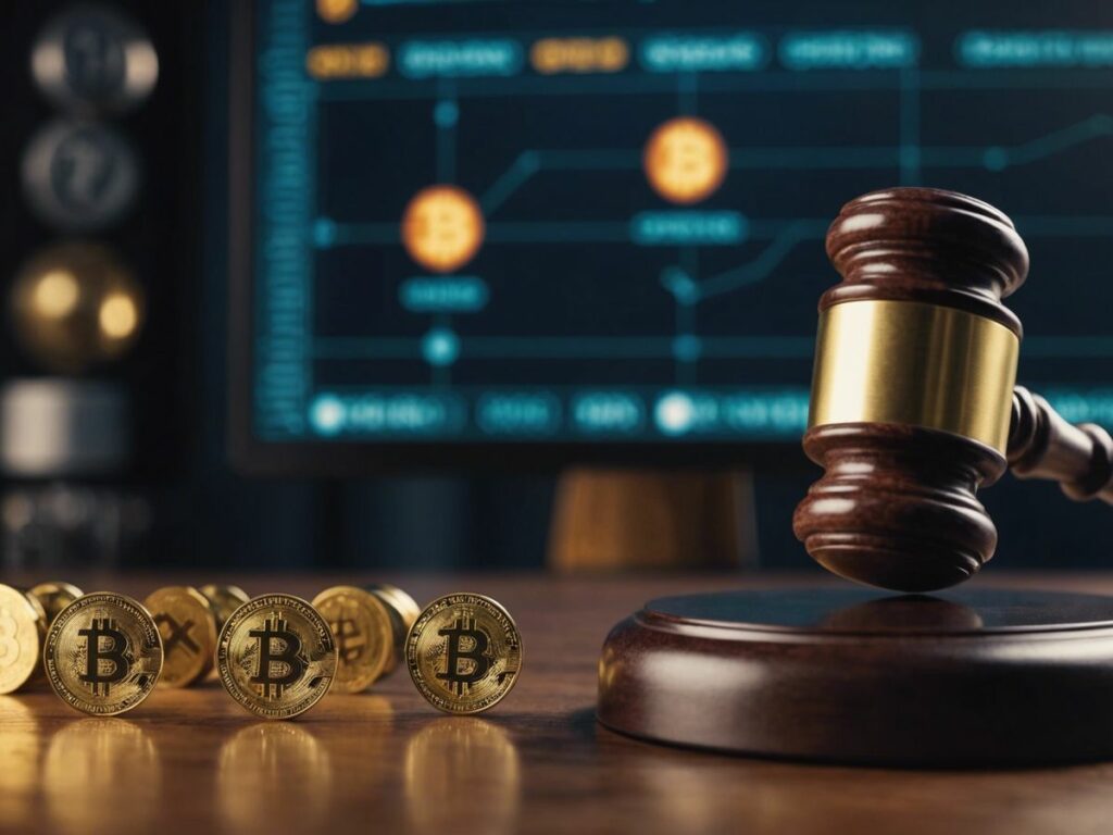 Gavel striking block with cryptocurrency symbols, symbolizing SEC lawsuits against major crypto exchanges.