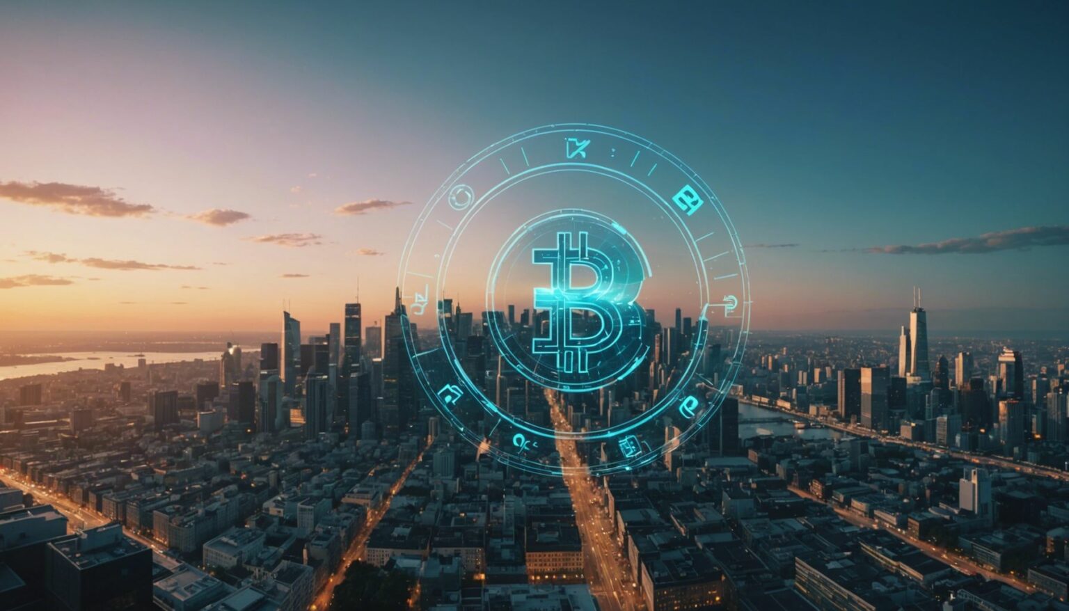 Futuristic city with digital currency symbols, highlighting upcoming crypto projects to watch in 2023.