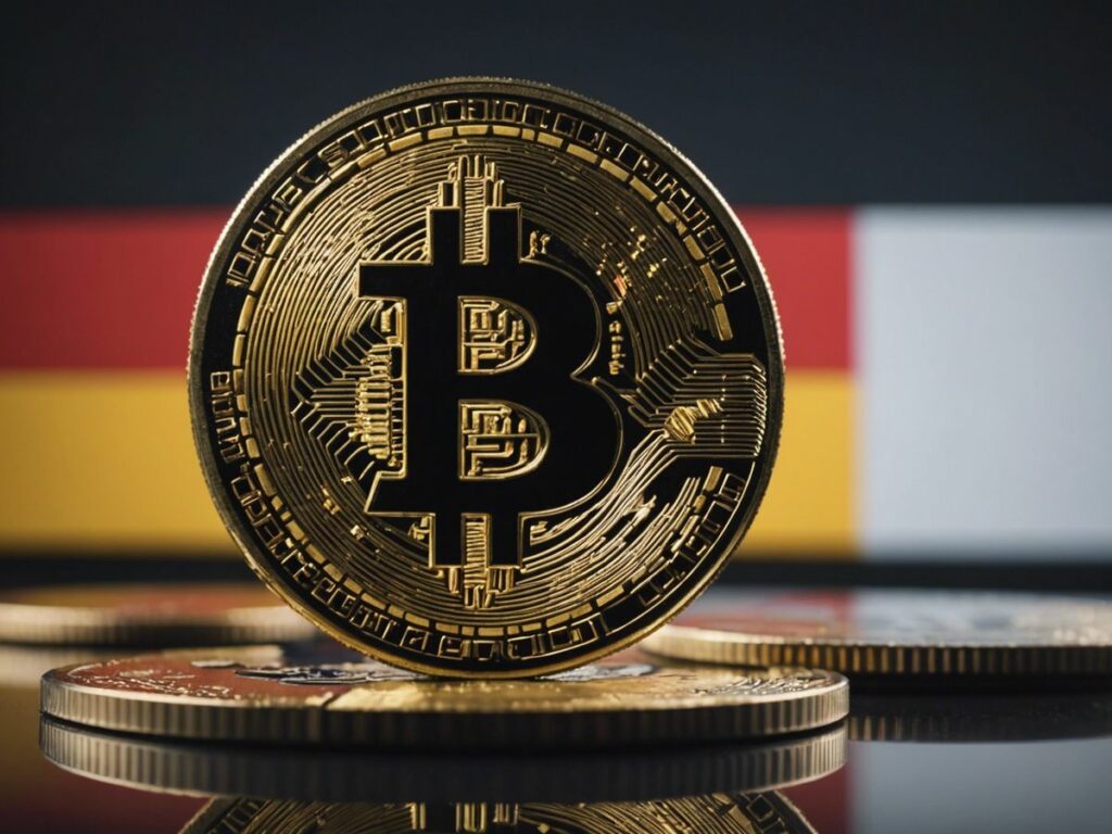 Bitcoin symbol with German flag colors, representing $425M transfer from seized funds by German law enforcement.