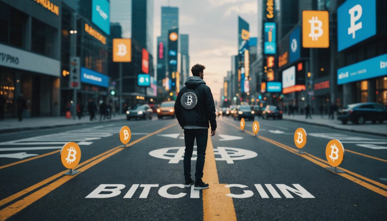 Person at crossroads with Bitcoin, Ethereum, Litecoin symbols, representing choices in the cryptocurrency world.