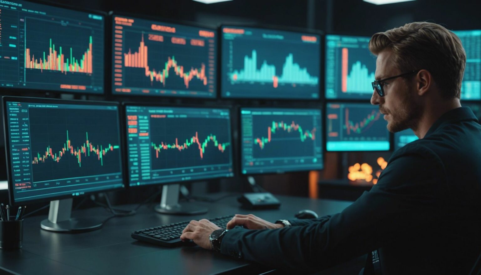 Futuristic trading interface with candlestick charts and cryptocurrency symbols, showing a trader analyzing data on a holographic screen.